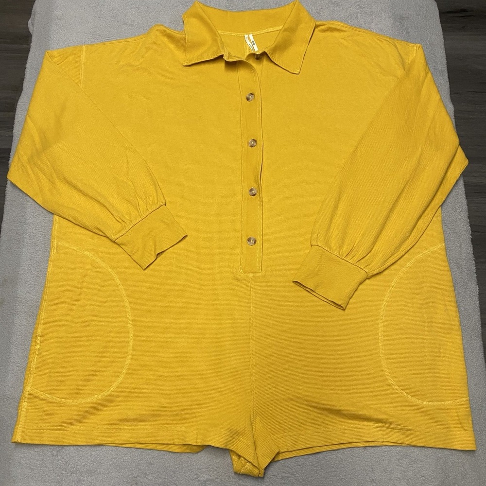 Anthropologie Waffle Cocoon Romper XL Yellow Long Sleeve Button Front Boho